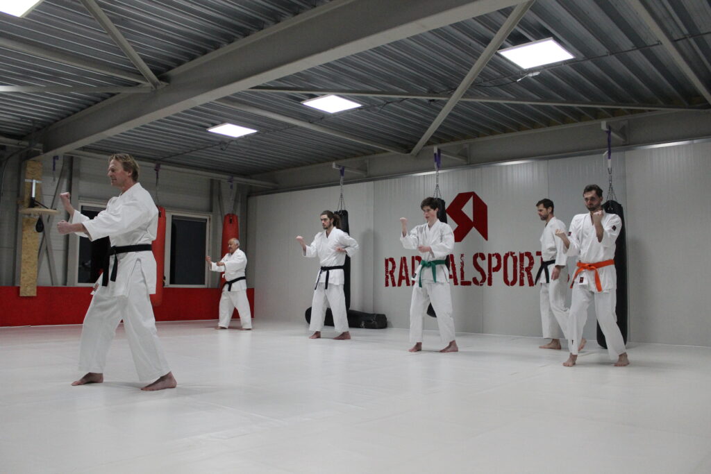 Karateka’s oefenen een traditionele Goju Ryu kata bij Dojo Shiro in Ooij, nabij Berg en Dal.